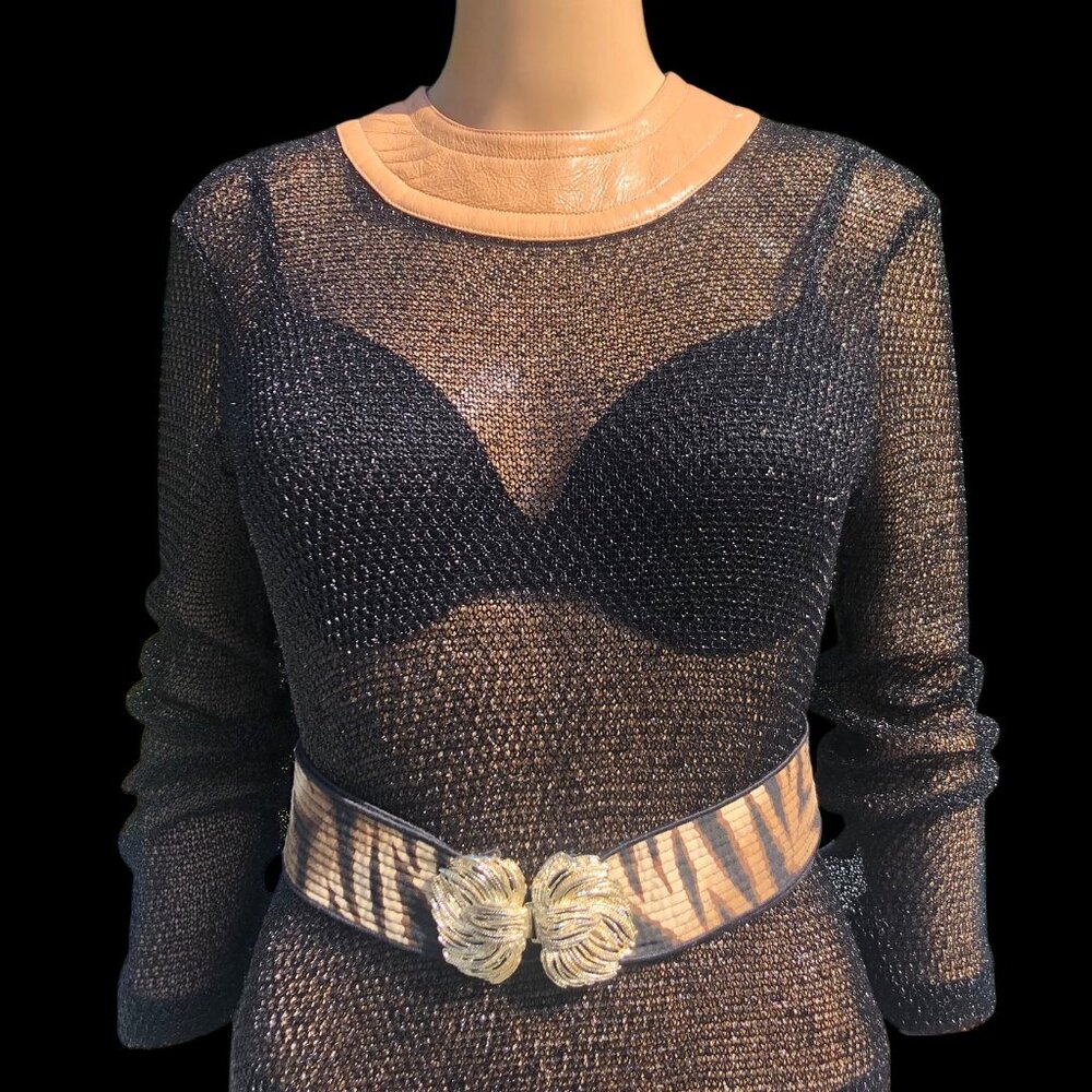 Vintage Minimalist Knit Mesh Subtle Shimmer Long Sleeve Midi Black Dress Sz M- L